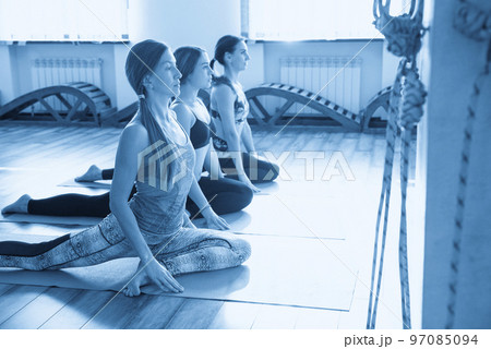 Yoga Class, Group of young women Relaxing and Doing Yoga pose. Wellness and Healthy Lifestyle. 97085094