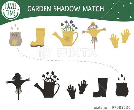 Shadow matching activity for children with garden symbols. Preschool puzzle with gardening tools and equipment. Cute spring educational riddle. Find the correct silhouette game. Shadow matching activity for children with garden symbols. Preschool puzzle with gardening tools and equipment. Cute spring educational riddle. Find the correct silhouette game. 97085236