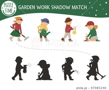 Shadow matching activity with children in the garden. Preschool puzzle with cute characters. Cute spring activities educational riddle. Find the correct silhouette game. 97085240