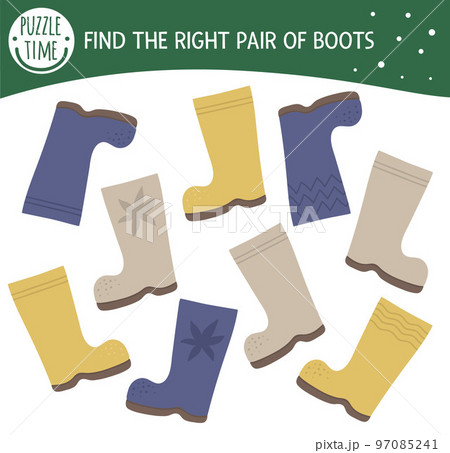 Find two same rubber boots. Garden or farm themed matching activity for preschool children with cute footwear. Funny spring game for kids. Logical quiz worksheet. Find two same rubber boots. Garden or farm themed matching activity for preschool children with cute footwear. Funny spring game for kids. Logical quiz worksheet. 97085241