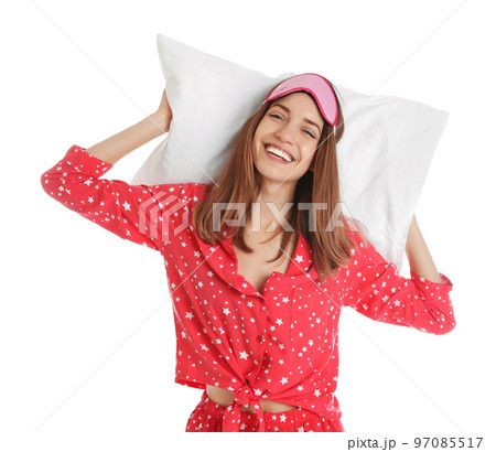 Beautiful woman with pillow and sleep mask on white background. Bedtime Beautiful woman with pillow and sleep mask on white background. Bedtime 97085517