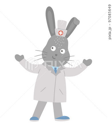 Vector animal doctor. Cute funny hare character. Medical picture for children. Hospital illustration isolated on white background. 97085649