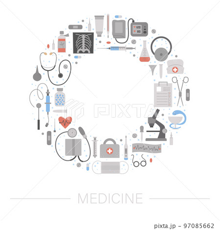 Vector round frame with medical equipment and tools. Medicine elements banner design framed in circle. Cute funny health care, check or research card template. 97085662