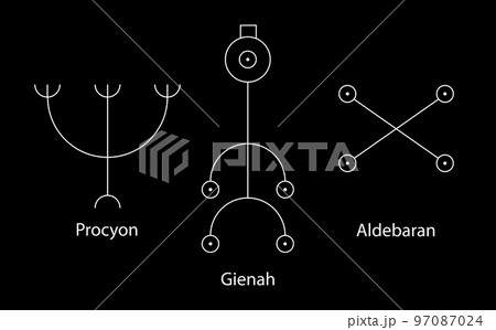 Astrology Stars, PROCYON or Canis Minor, GIENAH or Corvus, ALDEBARAN or Oculus Tauri. Set Hieroglyphic sign, hermetic kabbalistic magic symbols. White Line art Vector isolated on black background Astrology Stars, PROCYON or Canis Minor, GIENAH or Corvus, ALDEBARAN or Oculus Tauri. Set Hieroglyphic sign, hermetic kabbalistic magic symbols. White Line art Vector isolated on black background 97087024