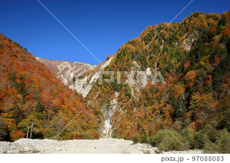 長野県大町市平高瀬入 高瀬ダム調整湖そばの濁沢の滝と青空の下の紅葉 長野県大町市平高瀬入 高瀬ダム調整湖そばの濁沢の滝と青空の下の紅葉 97088083