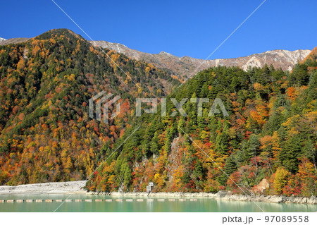 長野県大町市平　鮮やかなエメラルドグリーンの高瀬ダム調整湖の紅葉と山頂にうっすら冠雪した山々 97089558