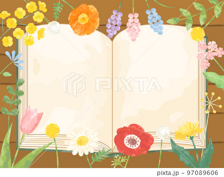 菜の花やチューリップやタンポポなどの春の花と木のボードと本を組み合わせたフレーム 菜の花やチューリップやタンポポなどの春の花と木のボードと本を組み合わせたフレーム 97089606