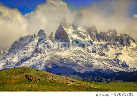 Idyllic El Chalten and misty Fitz Roy, Patagonia Argentina, Los Glaciares Idyllic El Chalten and misty Fitz Roy, Patagonia Argentina, Los Glaciares 97091209