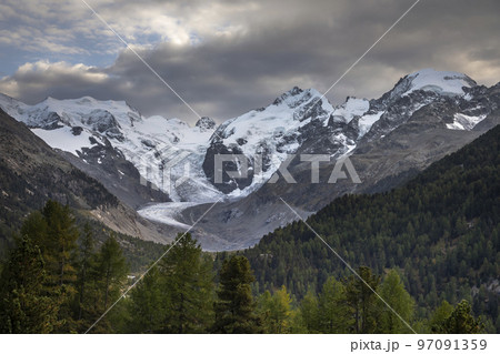 Bernina and Palu mountain range with glaciers in the Alps, Engadine, Switzerland 97091359