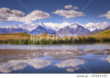 Wilcacocha lake reflection in Cordillera Blanca, snowcapped Andes, Ancash, Peru 97091450