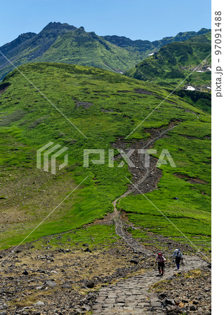 御田ヶ原を行く登山者と夏の鳥海山 97091488