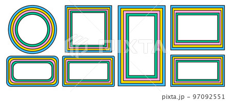 set of rainbow frames in 1970s hippie style. patterns retro vintage 70s groove. collection of round frame, star, rhombus and square. vector illustration design isolated. 97092551