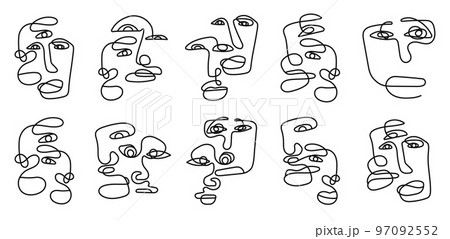 Set of different human faces in a minimalist style with one line. Silhouette of female and male faces drawn. Girls face collection. Contemporary art. editable stroke isolated vector illustration 97092552
