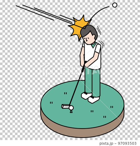 ゴルフ中に頭にゴルフボールが当たって怪我をした男性のアイソメイラスト 97093503
