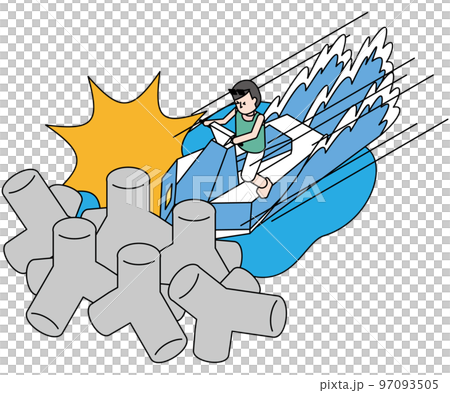 ジェットスキーに乗って衝突事故を起こした男性のアイソメイラスト ジェットスキーに乗って衝突事故を起こした男性のアイソメイラスト 97093505