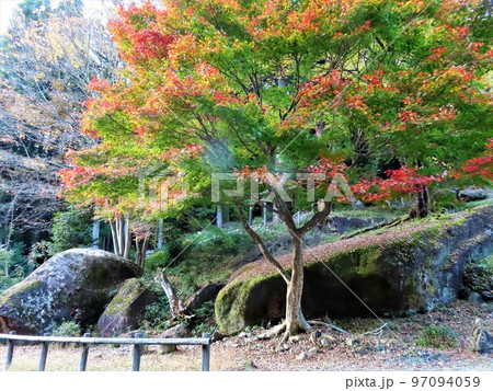 紅葉が美しい縄文時代の史跡、岩屋岩蔭遺跡、いわやいわかげいせき、岐阜県下呂市、 金山巨石群 97094059