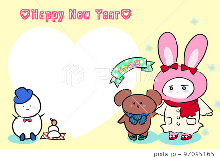 ハピーニューイヤー　うさぎの女の子とクマと雪だるまと餅　イラスト　余白スペース　ハート　カワイイ 97095165