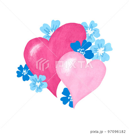 Hand drawn illustration of pink hears with blue forget me not flowers. St valentine day love cute card invitation poster. Pastel bloom blossom floral design botanical elegant print cute decoration 97096182