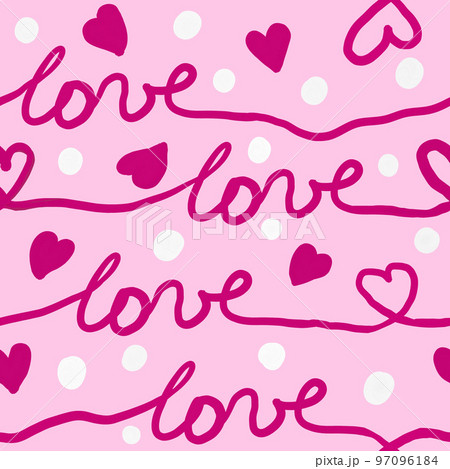 Hand drawn seamless pattern with red hearts on pink background. Love word lettering in stripes lines, white polka dot, cute st valentine day wrapping paper, gouache texture pastel valentines. 97096184