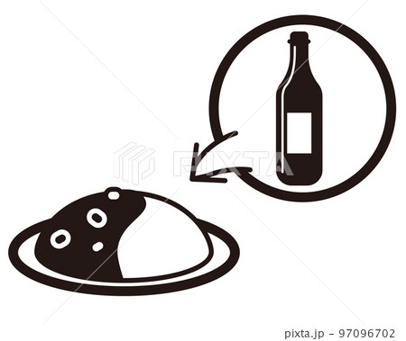 赤ワインの入ったカレーライス　モノクロアイコンイラスト 97096702