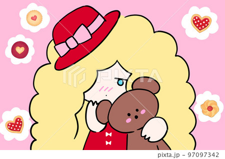 こちらを見ている可愛い女の子とクマさん　イラスト　二頭身 97097342