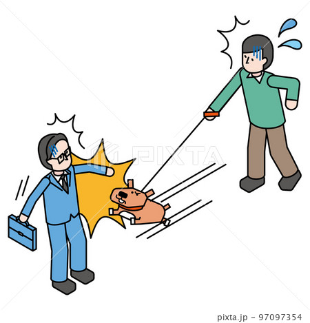 通行人に飛びつく愛犬と慌てる飼い主のアイソメイラスト 97097354