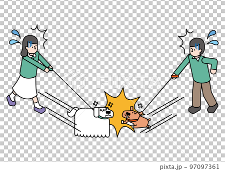 An isometric illustration of a pet dog who fights with another dog while walking and a panicking owner 97097361