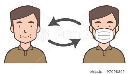 マスクを装着したり外したりする中年男性、おじさん 97098803