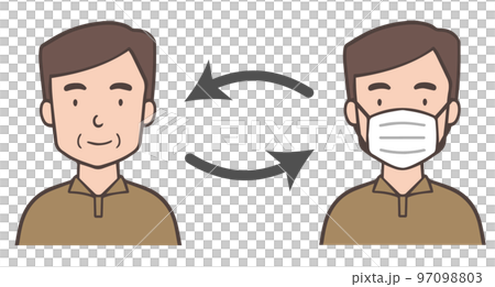 Middle-aged man wearing and removing a mask, uncle 97098803