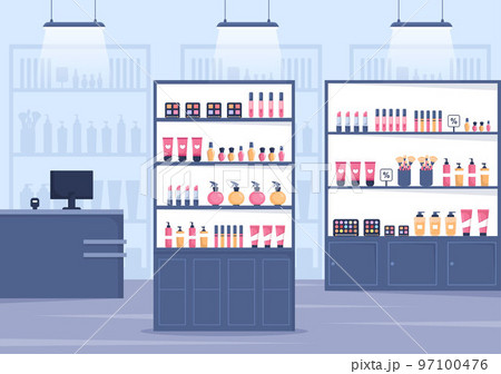 Cosmetics Store with Girl Skincare, Cosmetic, Perfume, Makeup and Beauty Products Choice in in Flat Cartoon Hand Drawn Templates Illustration 97100476