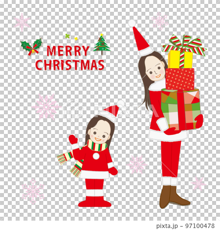 クリスマスプレゼントを抱えた女性と少女 親子 97100478