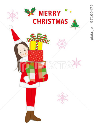 サンタクロースの仮装でクリスマスプレゼントを抱えた女性 97100479