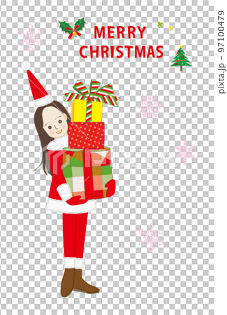 サンタクロースの仮装でクリスマスプレゼントを抱えた女性 97100479