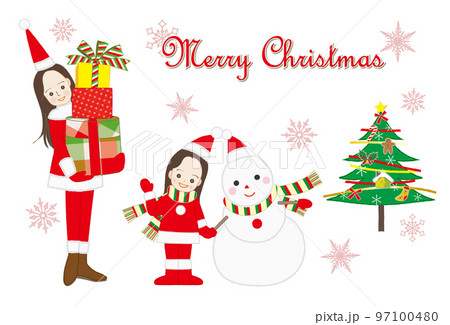 サンタクロースの仮装でクリスマスプレゼントを抱えた女性と少女 親子 97100480
