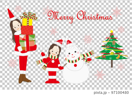 サンタクロースの仮装でクリスマスプレゼントを抱えた女性と少女 親子 97100480
