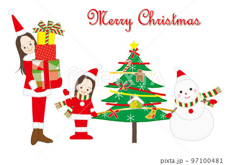 サンタクロースの仮装でクリスマスプレゼントを抱えた女性と少女 親子 97100481