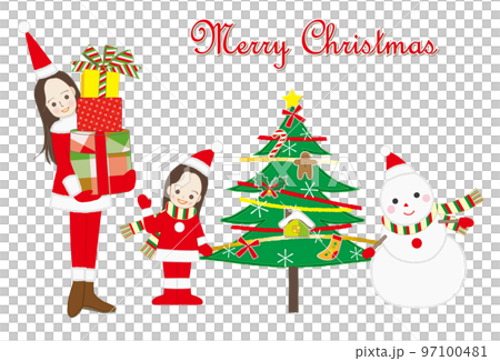 サンタクロースの仮装でクリスマスプレゼントを抱えた女性と少女 親子 97100481