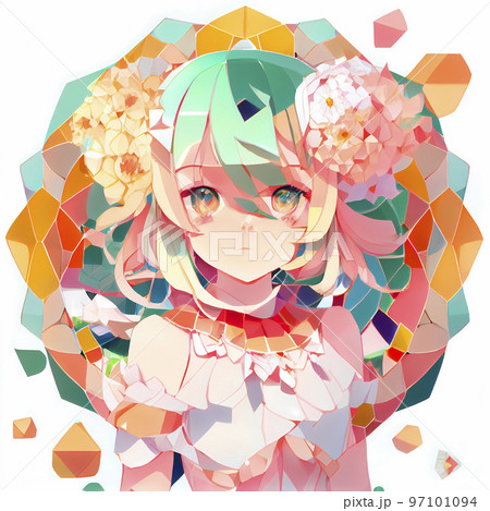 アニメ風少女　ポリゴンパターンの花の姫「AI生成画像」 97101094