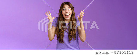 Cheerful surprised happy girl receive unbelievable super prize winning triumphing smiling joyfully shake hands excitement joy celebrating perfect news grinning happily victory purple background 97101115