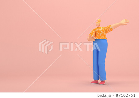 The woman with golden hair tied in a bun wearing blue corduroy pants and Orange T-shirt with white stripes.  She is expression  of hand when talking. 3d rendering of cartoon character in acting. 97102751