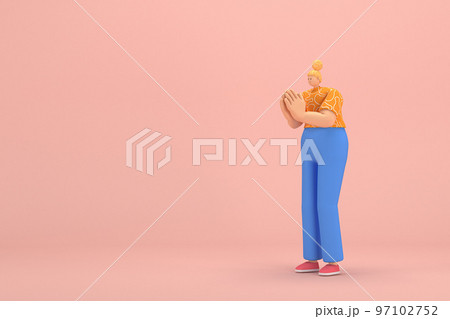 The woman with golden hair tied in a bun wearing blue corduroy pants and Orange T-shirt with white stripes.  She is expression  of hand when talking. 3d rendering of cartoon character in acting. 97102752