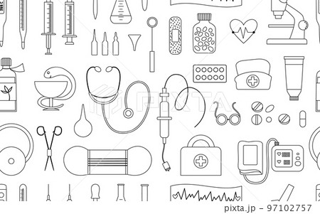 Vector seamless pattern with flat medical line icons. Medicine or health insurance, research outline background. Healthcare and laboratory equipment digital paper. Health check or treatment texture 97102757