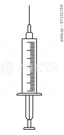 Vector flat syringe icon outline. Medical equipment line art picture isolated on white background. Healthcare, research and laboratory concept. Health check or treatment clip art 97102769