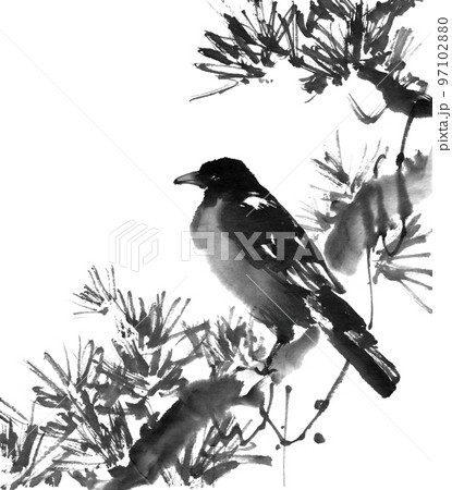 水墨画 鳥と松の風景 巻物 水墨画 鳥と松の風景 巻物