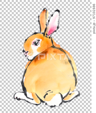 A baby rabbit turning around drawn with ink painting technique 97102886