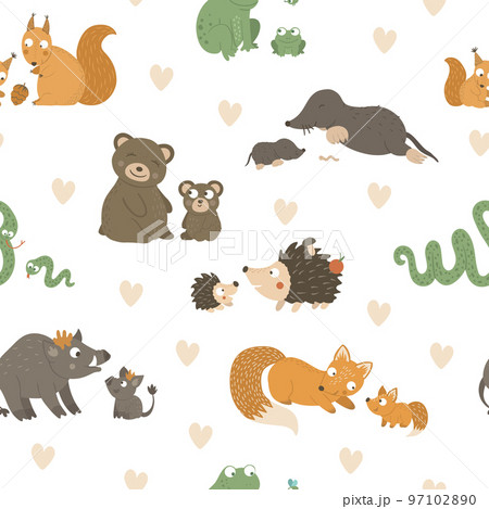 Vector seamless pattern with baby animals and their parents. Funny woodland animal background showing family love. Cute forest animalistic texture for Mothers Day design 97102890