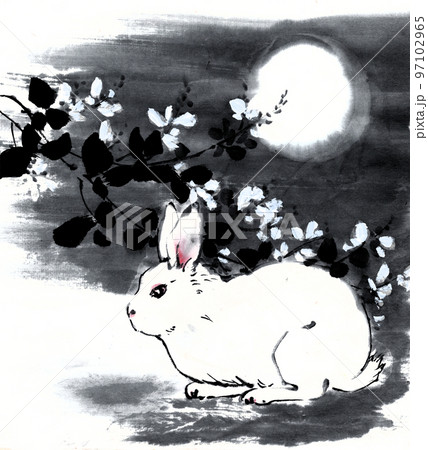 水墨画技法で描いたうさぎと萩と月の色紙手本のイラスト素材