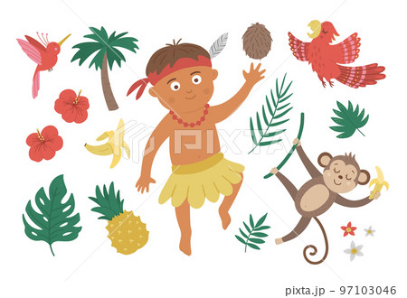 Vector flat African or Papuan boy with birds, flowers, fruits, monkey. Cute tropical, jungle, exotic set of elements. Funny summer clip art collection 97103046