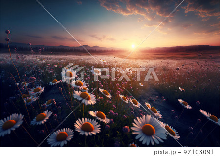 Daisy flowers under the warm yellow sun rays on the meadow in the evening 97103091