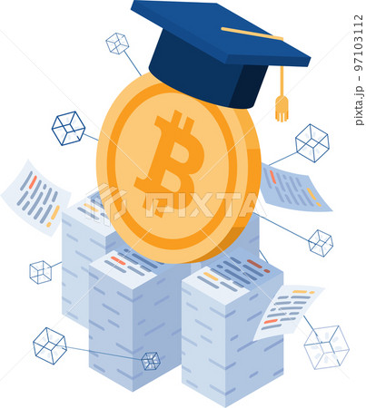 Isometric Bitcoin with Graduate Cap on Stack of Paper 97103112